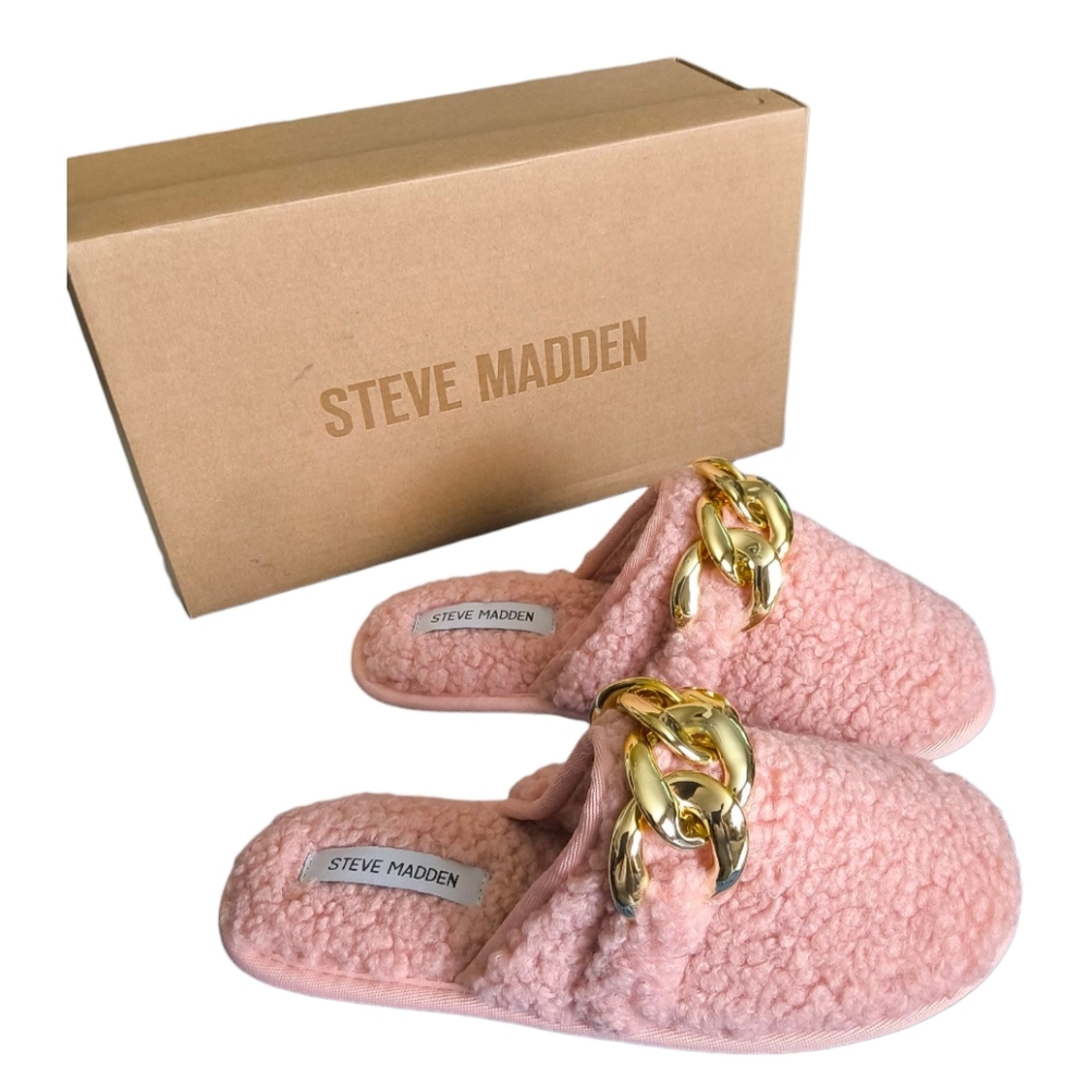 NEW Steve Madden Pink Fuzzy Slippers with Gold Chain Accent - New in Box Size 8